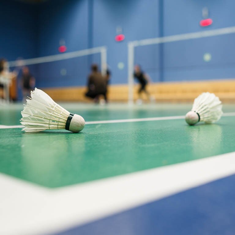Zu sehen sind zwei Badminton Bälle auf einem Feld