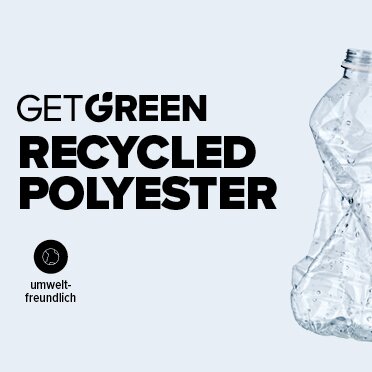 Get Green Recycled Polyester. Die Vorteile sind mit Icons abgebildet.