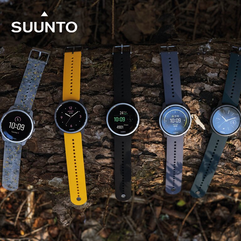 Suunto  Zu sehen sind verschiedene Suunto Uhren in unterschiedlichen Farben