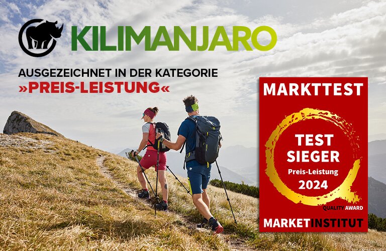 Zwei Wanderer auf einem Bergpfad. Text: Kilimanjaro ausgezeichnet in der Kategorie »PREIS-LEISTUNG«. Rotes Abzeichen: Markttest Test Sieger Preis-Leistung 2024 2024 Quality Award Marketinstitut.
