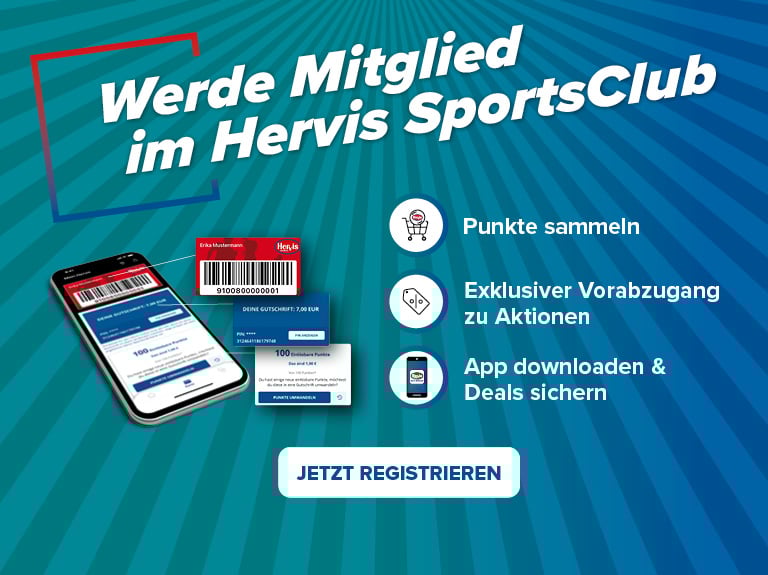 Werde Mitglied im Hervis SportsClub  Vorteile: Punkte sammeln, exklusiver Vorabzugang zu Aktionen, App downloaden & Deals sichern  Jetzt registrieren