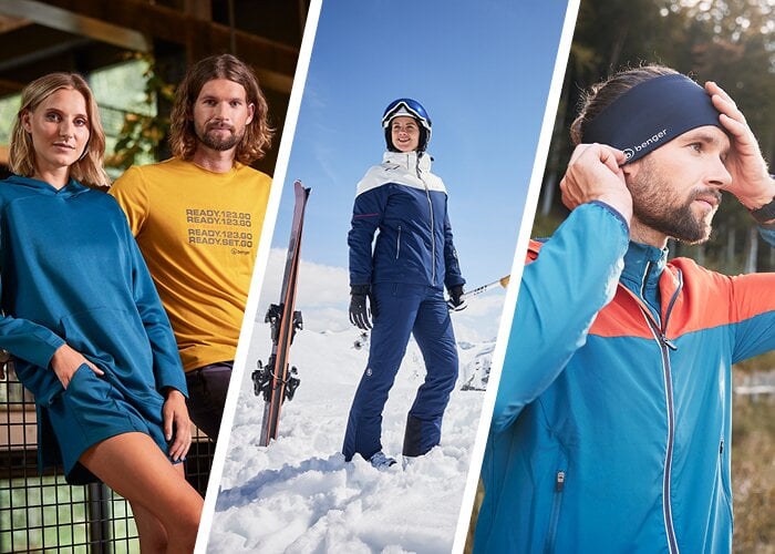 Collage aus drei Szenen: Zwei Personen in sportlich lässigem Outfit. Person in Winterkleidung mit Skiern im Schnee. Eine Person mit Stirnband und Sportjakce auf einem Pfad im Wald.